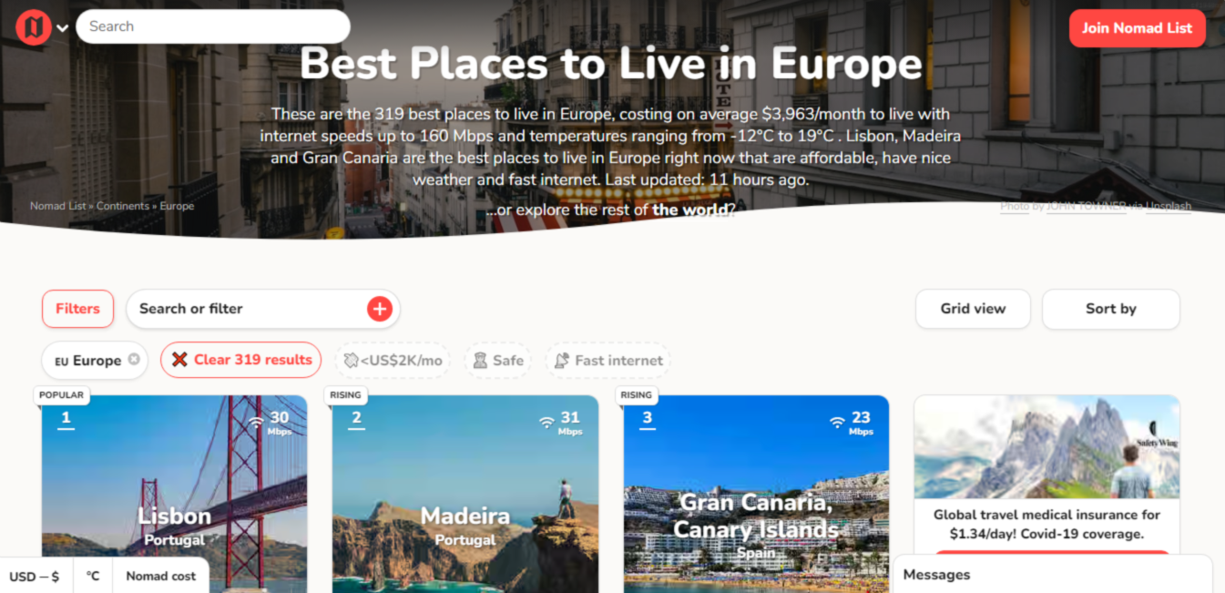 Nomadlist area Best Places to Live screenshot