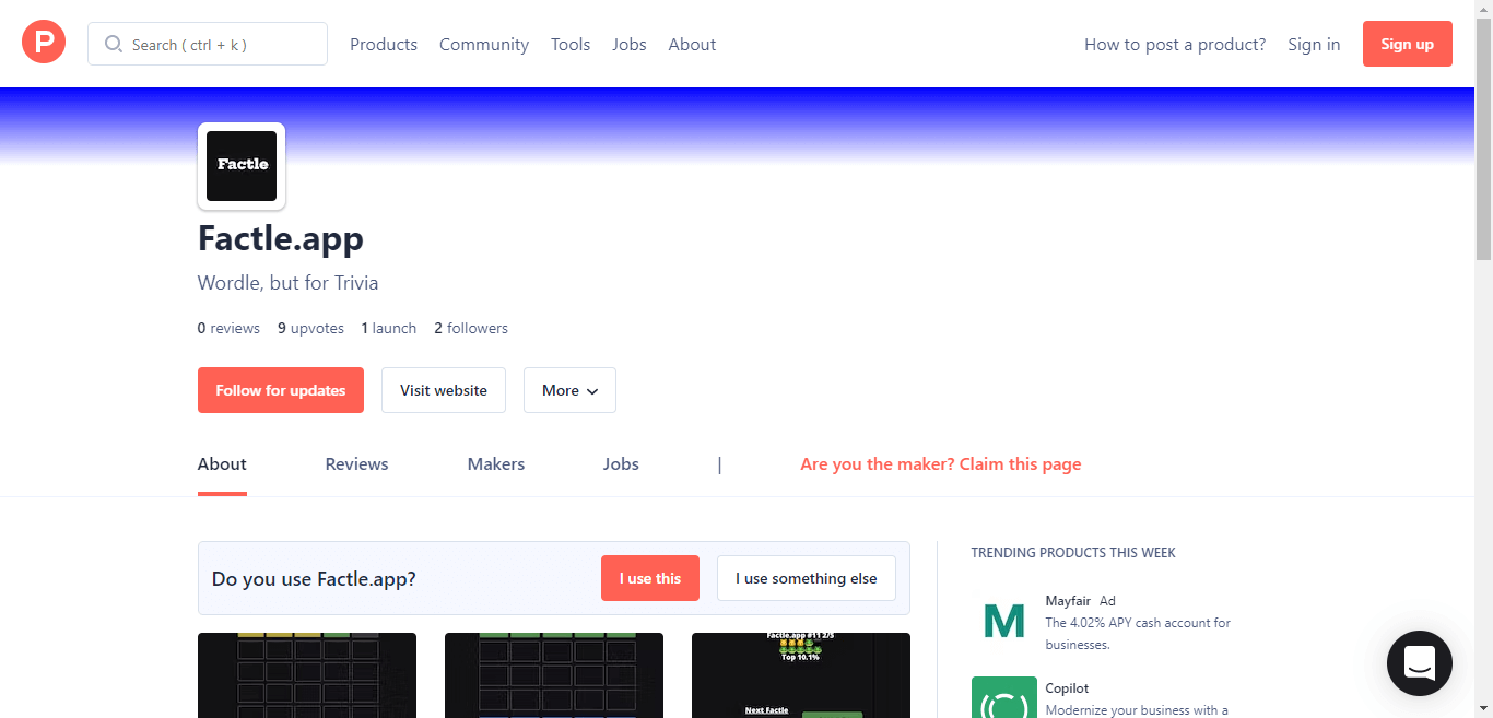 Product Hunt area Product profile page screenshot