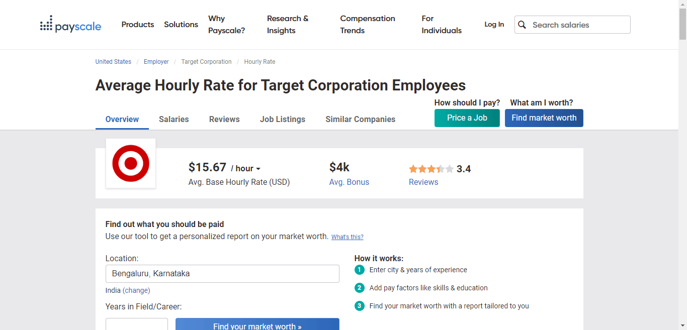 Payscale area Employer hourly rate screenshot