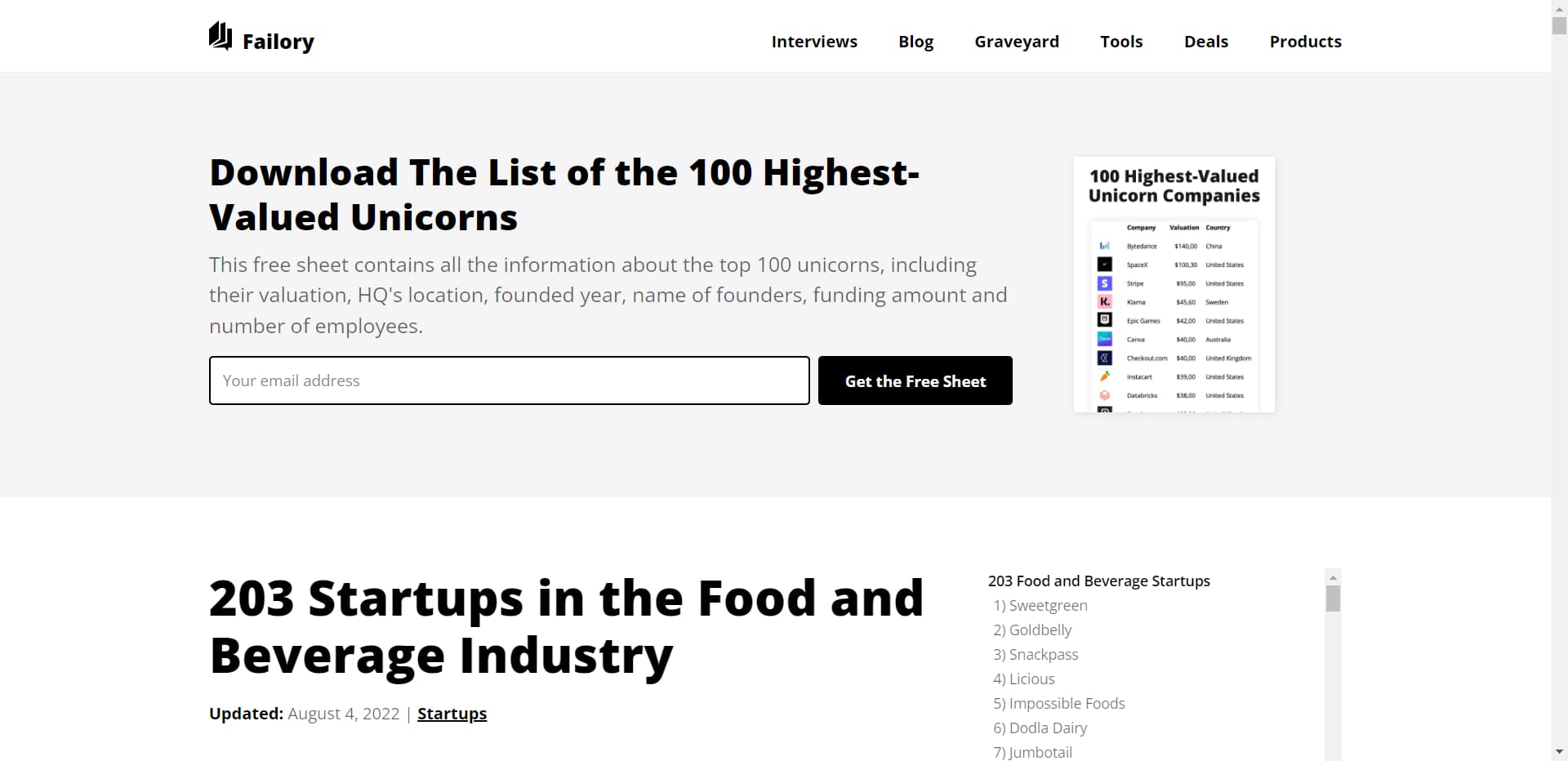 Failory area Startups directory screenshot