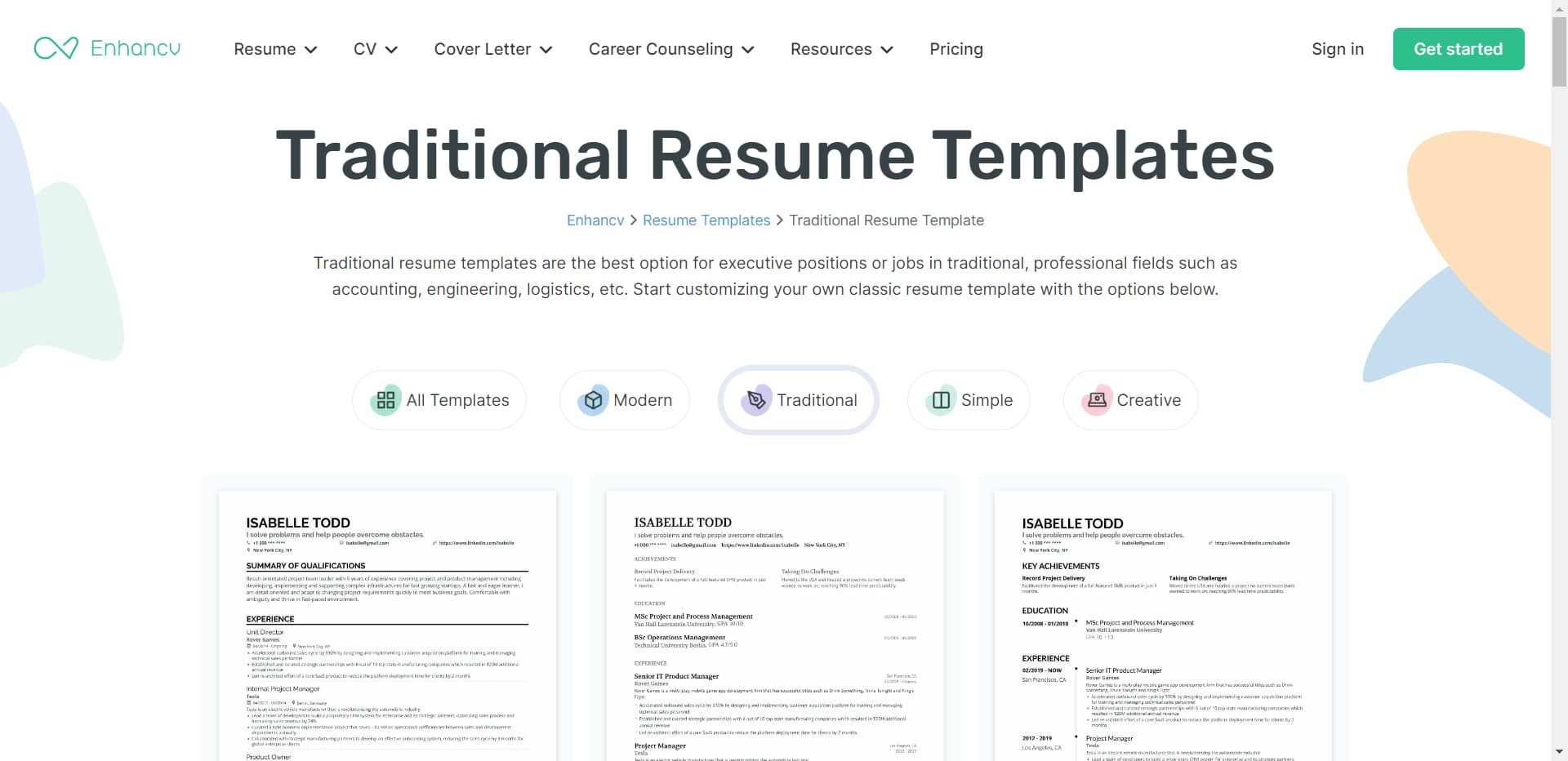Enhancv area Resume templates screenshot