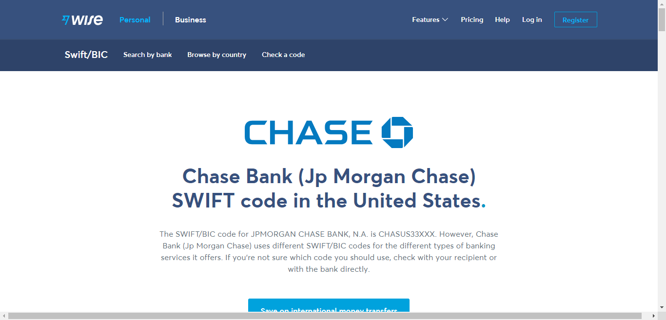 Wise area Bank SWIFT code screenshot